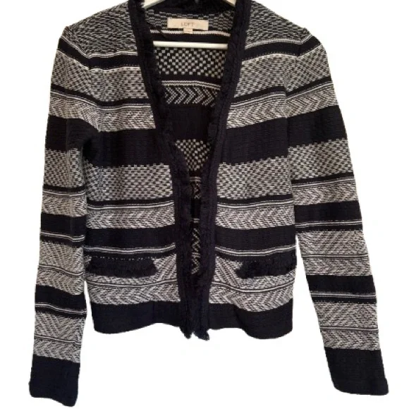 Loft 100% Cotton Knit Open Cardigan Navy/Cream Size XS Lady Jacket - Picture 3 of 8